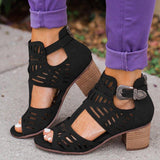 Women Hollow Out Stretchy Ankle Strap Chunky Heel Shoes