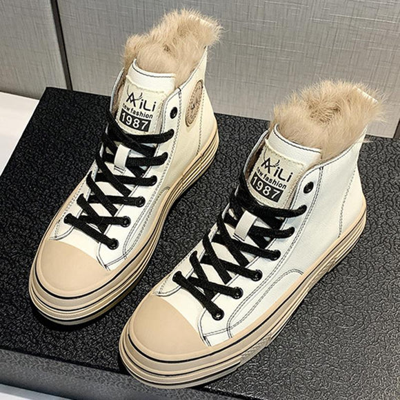 Fashion Warm Fur Lined Sneakers High Top Lace up Canvas Shoes