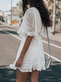 Solid V-neck Lace See-through Short Sleeve Dress