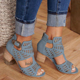 Women Hollow Out Stretchy Ankle Strap Chunky Heel Shoes