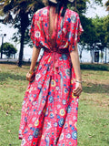 V-neck Short Sleeve Floral Print Vacation Long Dress