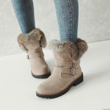 Women Flocking Flat Heel Fur Lined Boots Buckle Shoes