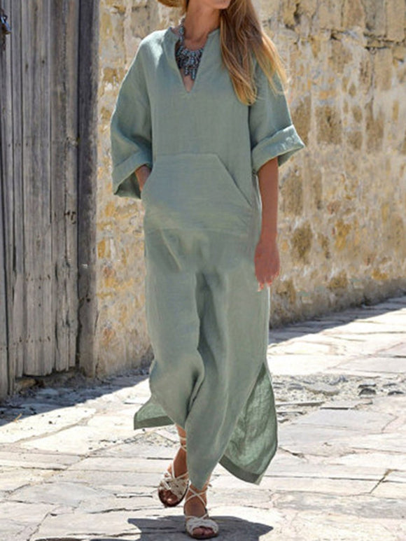 V-neck Wide Loose Fork Long-sleeved Cotton and Linen Dress