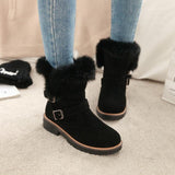 Women Flocking Flat Heel Fur Lined Boots Buckle Shoes