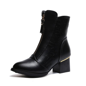 Women Chic Leather Zipper Ankle Boots Chunky Heel Shoes