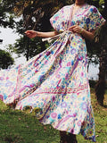 V-neck Short Sleeve Floral Print Vacation Long Dress