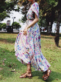 V-neck Short Sleeve Floral Print Vacation Long Dress