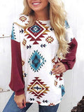 Round Neck Loose Tops Long Sleeve Print Blouses