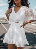 Solid V-neck Lace See-through Short Sleeve Dress