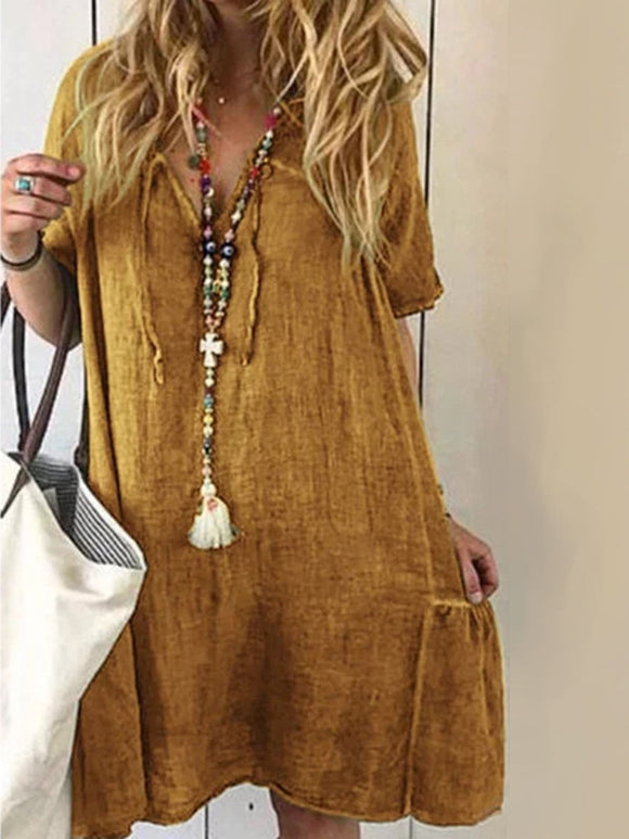 Loose Casual Solid Color V-neck Dress