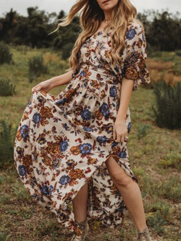 Bohemian Floral Cropped Sleeve Dress