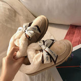 Women Warm Bowknot Suede Ankle Snow Boots Flat Heel Shoes