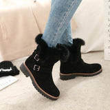 Women Flocking Flat Heel Fur Lined Boots Buckle Shoes