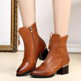 Women Chic Leather Zipper Ankle Boots Chunky Heel Shoes