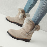 Women Flocking Flat Heel Fur Lined Boots Buckle Shoes