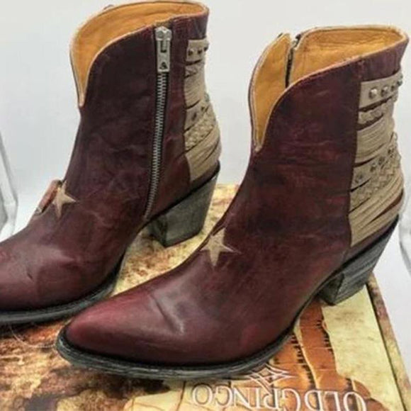 Women Vintage Cowgirl Western Boots Chunky Heel Shoes