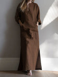 V-neck Wide Loose Fork Long-sleeved Cotton and Linen Dress