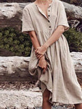 Solid Color Short-sleeved Cotton and Linen Dress