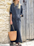 V-neck Wide Loose Fork Long-sleeved Cotton and Linen Dress