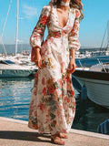 V-neck Long Sleeve Floral Print Vacation Long Dress