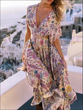 Printed V-neck Long Sleeve Bohemian Vacation Dress