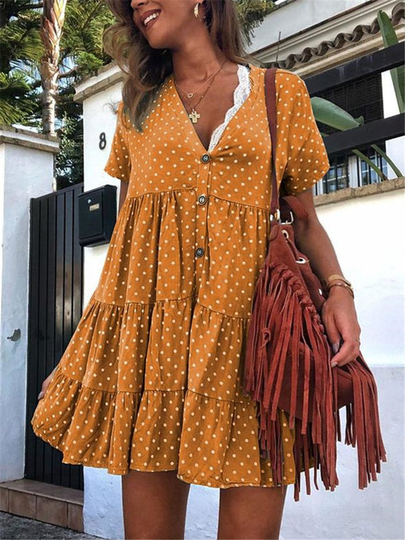 V-neck Short Sleeve Printed Polka Dot Dress