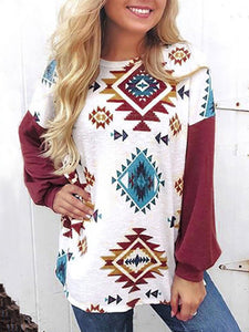 Round Neck Loose Tops Long Sleeve Print Blouses