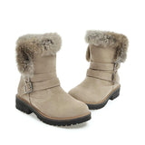 Women Flocking Flat Heel Fur Lined Boots Buckle Shoes