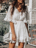 Solid V-neck Lace See-through Short Sleeve Dress