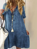 Loose Casual Solid Color V-neck Dress