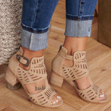 Women Hollow Out Stretchy Ankle Strap Chunky Heel Shoes