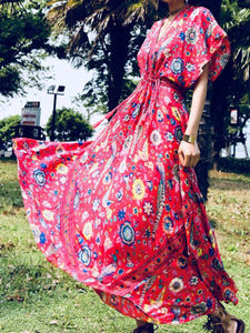 V-neck Short Sleeve Floral Print Vacation Long Dress