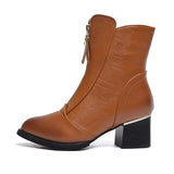 Women Chic Leather Zipper Ankle Boots Chunky Heel Shoes