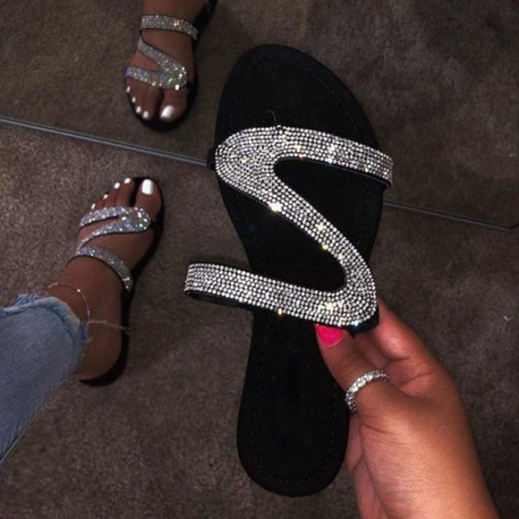 Women Shiny Slippers Embellished Toe Post Shoes