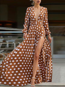 Dotted Print V-Neck Long Sleeve Split Sexy Bohemian Dress