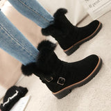 Women Flocking Flat Heel Fur Lined Boots Buckle Shoes