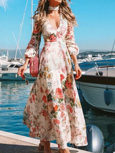 V-neck Long Sleeve Floral Print Vacation Long Dress