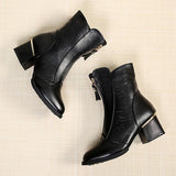 Women Chic Leather Zipper Ankle Boots Chunky Heel Shoes