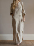 V-neck Wide Loose Fork Long-sleeved Cotton and Linen Dress