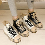 Fashion Warm Fur Lined Sneakers High Top Lace up Canvas Shoes