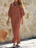 V-neck Wide Loose Fork Long-sleeved Cotton and Linen Dress