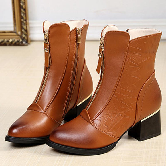 Women Chic Leather Zipper Ankle Boots Chunky Heel Shoes