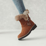 Women Flocking Flat Heel Fur Lined Boots Buckle Shoes