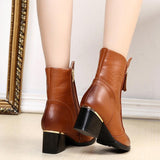 Women Chic Leather Zipper Ankle Boots Chunky Heel Shoes