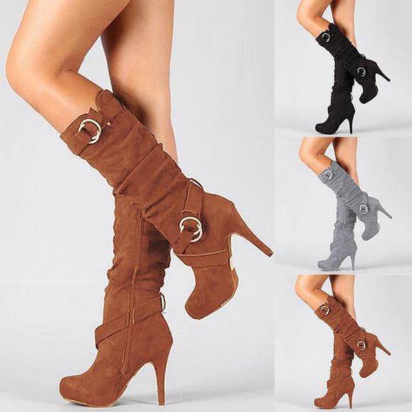 Women Knee High Mid Calf Stiletto Heel Boots Suede Buckle Stretch Shoes