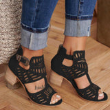 Women Hollow Out Stretchy Ankle Strap Chunky Heel Shoes