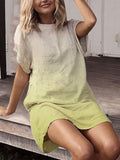 Cotton-linen Gradient Short-sleeved Round Neck Dress