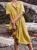 Solid Color Short-sleeved Cotton and Linen Dress