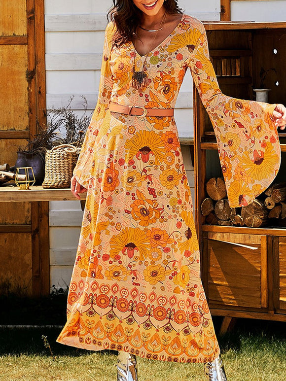 Bohemian Vintage Print Long Sleeve V-neck Flare Sleeve Slim Dress